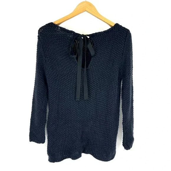 ZARA KNIT Bow Tie Back Chunky Sweater Size M Navy Keyhole Long Sleeve - Picture 1 of 13